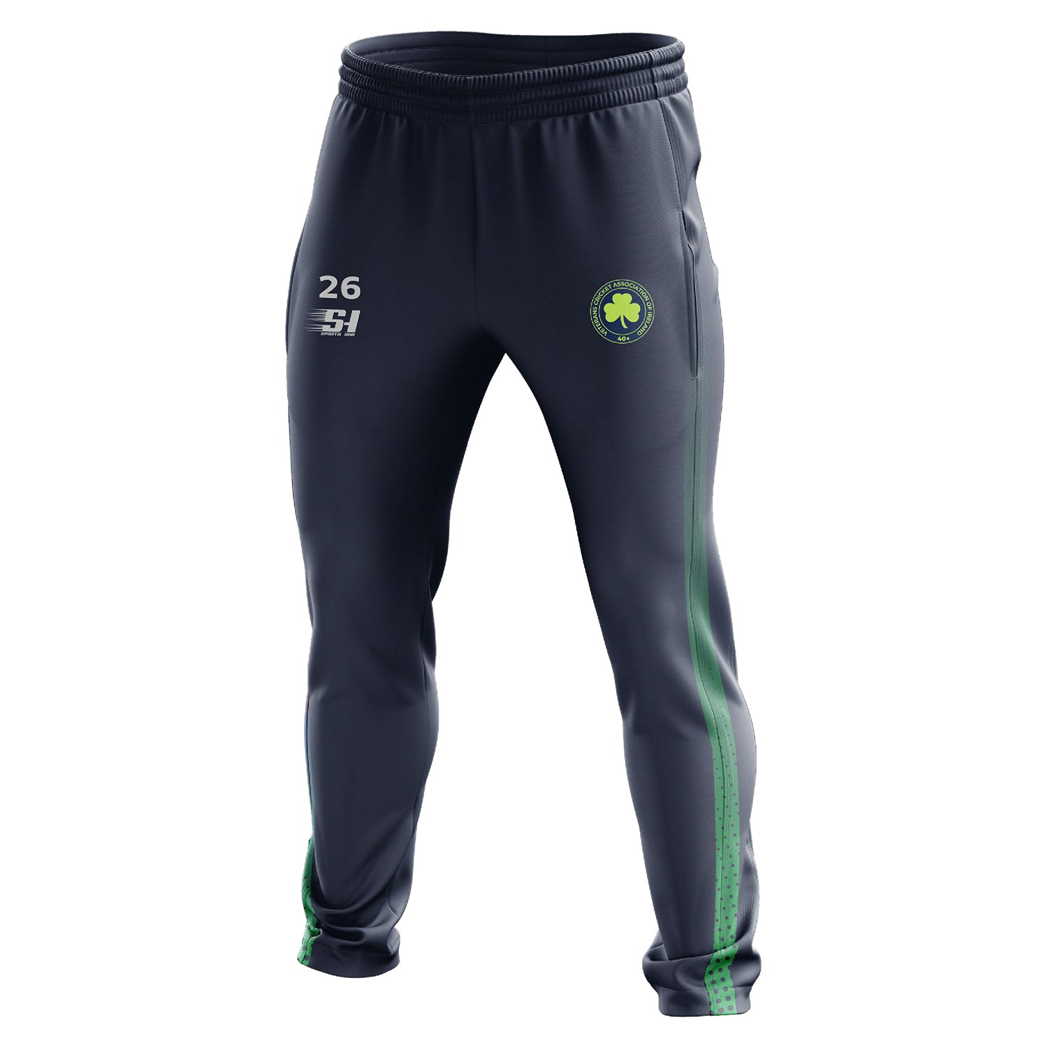 Cricket Ireland +40 playing trousers in navy and green with Irish Veterans Cricket Association crest