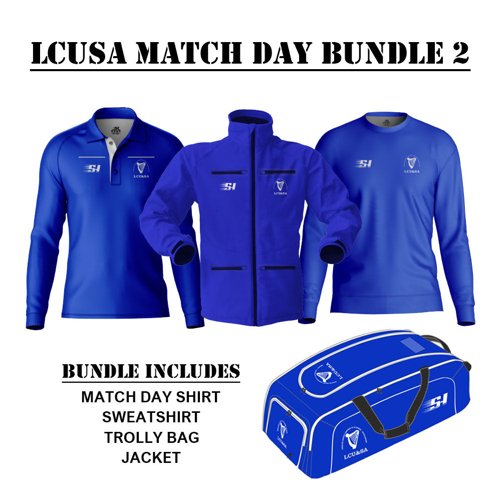 LCUSA Match Day Bundle 2 with blue sports jacket, shirt, and trolley bag on a white background
