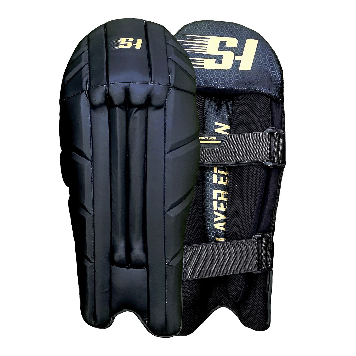 Professional pair of Sports Hub wicket keeping pads in black and gold highlighting the lightweight construction and ultra-slim ergonomic profile.