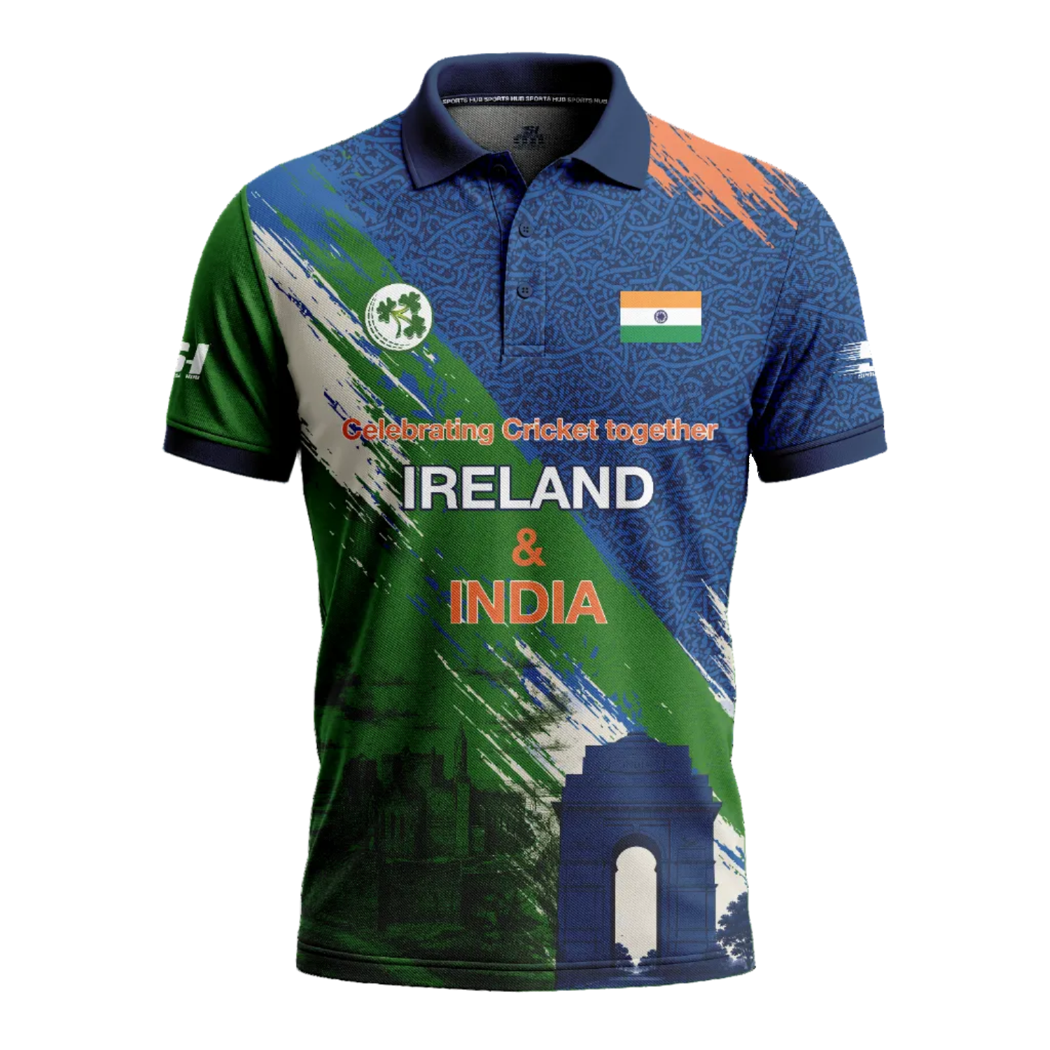 Sports Hub Ireland & India 2026 cricket fan jersey featuring India Gate, Taj Mahal, Irish-inspired artwork and United by Cricket design on the back.