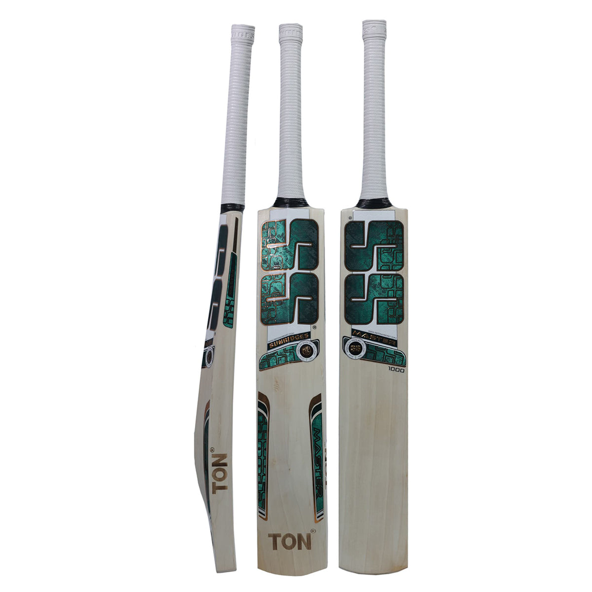 SS Master 1000 English willow cricket bat front back and side view with white grip