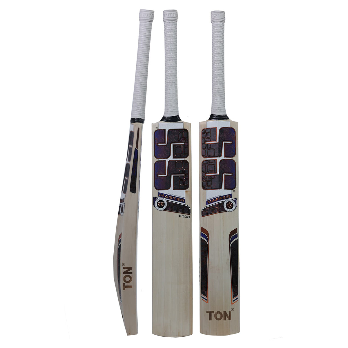 SS Master 5000 English willow cricket bat front and back view with white grip
